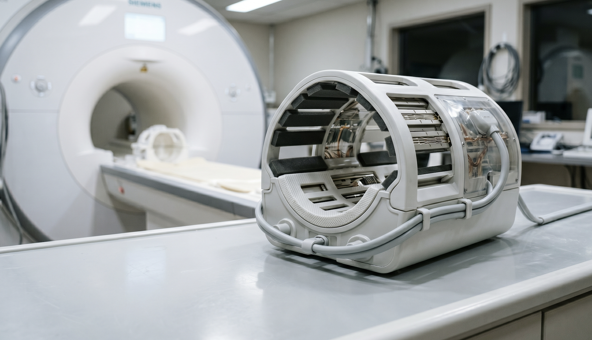 A close-up, high-resolution photograph of a modern, multi-channel MRI head coil resting on a clean clinical surface. The coil features a sleek, precision-engineered white frame with streamlined cabling, positioned in a brightly lit, sterile MRI suite. The background shows a softly blurred white MRI scanner bore, conveying a trustworthy and advanced medical technology environment.